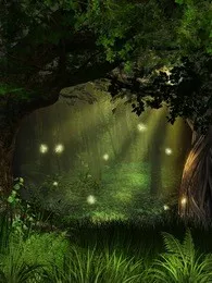 3d rendering of a magical firefly gathering in the woods.