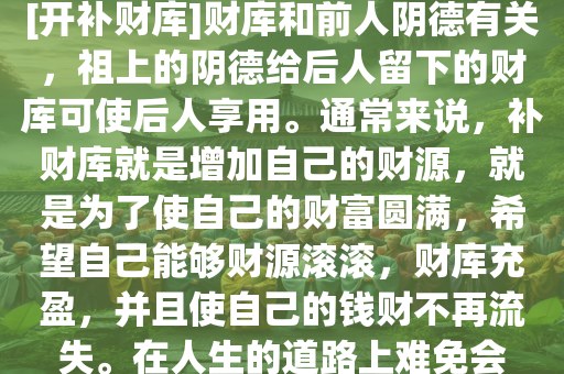 [开补财库]财库和前人阴德有关，祖上的阴德给后人留下的财库可使后人享用。通常来说，补财库就是增加自己的财源，就是为了使自己的财富圆满，希望自己能够财源滚滚，财库充盈，并且使自己的钱财不再流失。在人生的道路上难免会
